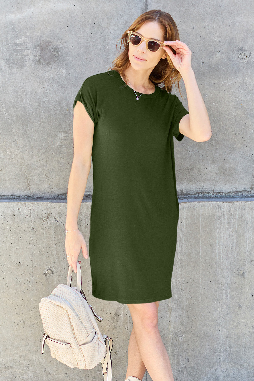 Round Neck Short Sleeve Dress with Pockets