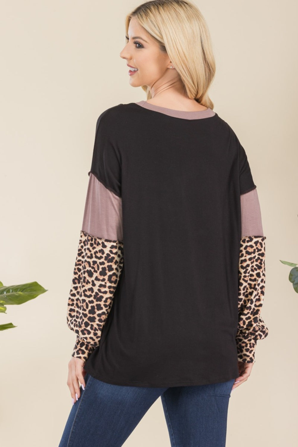 Leopard Color Block Exposed Seam Long Sleeve T-Shirt