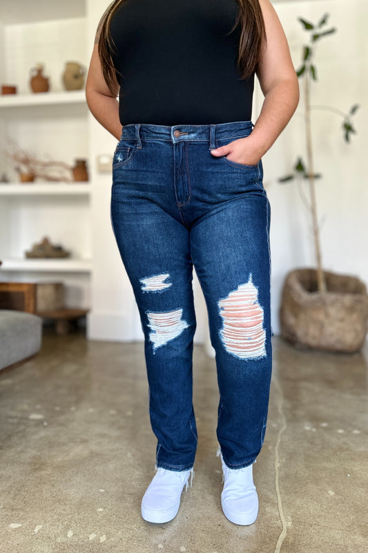 High Waist Rigid Magic Heavy Destroy Straight Jeans