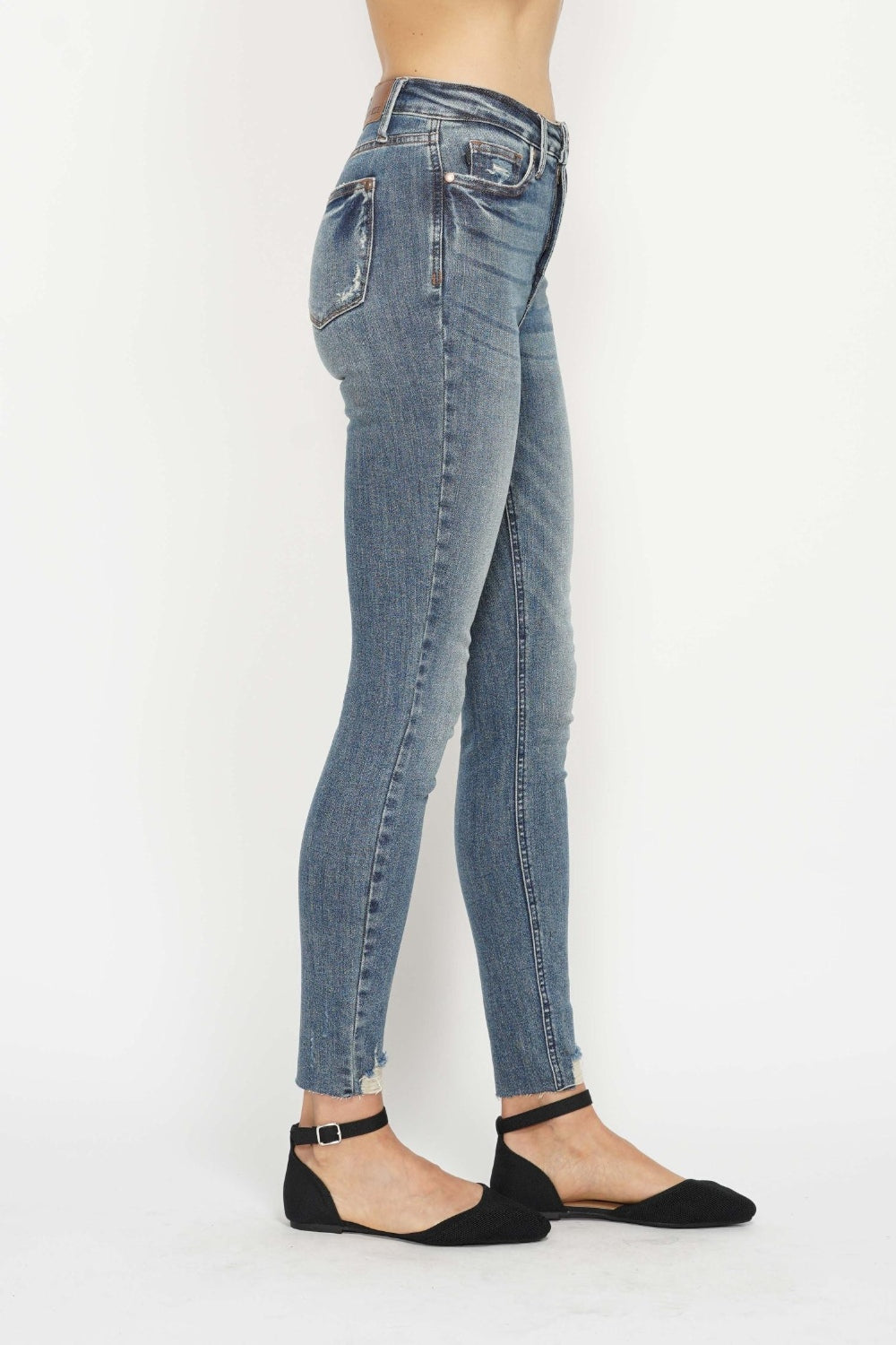 Tummy Control Vintage Wash Hem Destroy Skinny Jeans