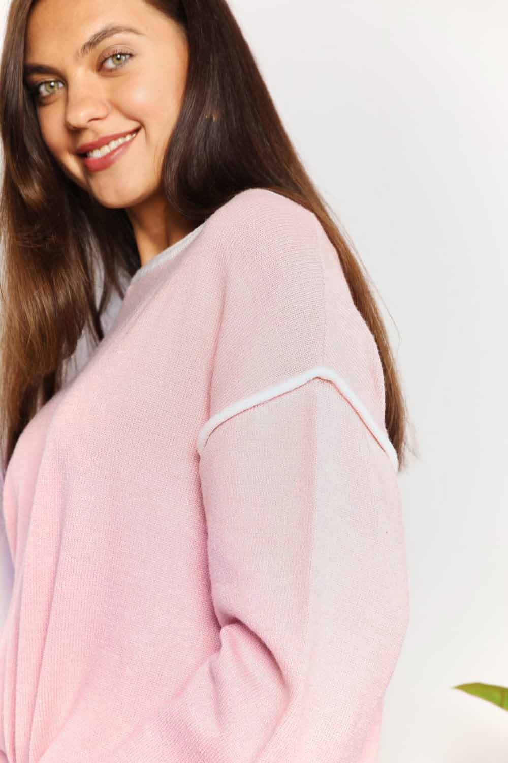 Contrast Detail Dropped Shoulder Long Sleeve Knit Top