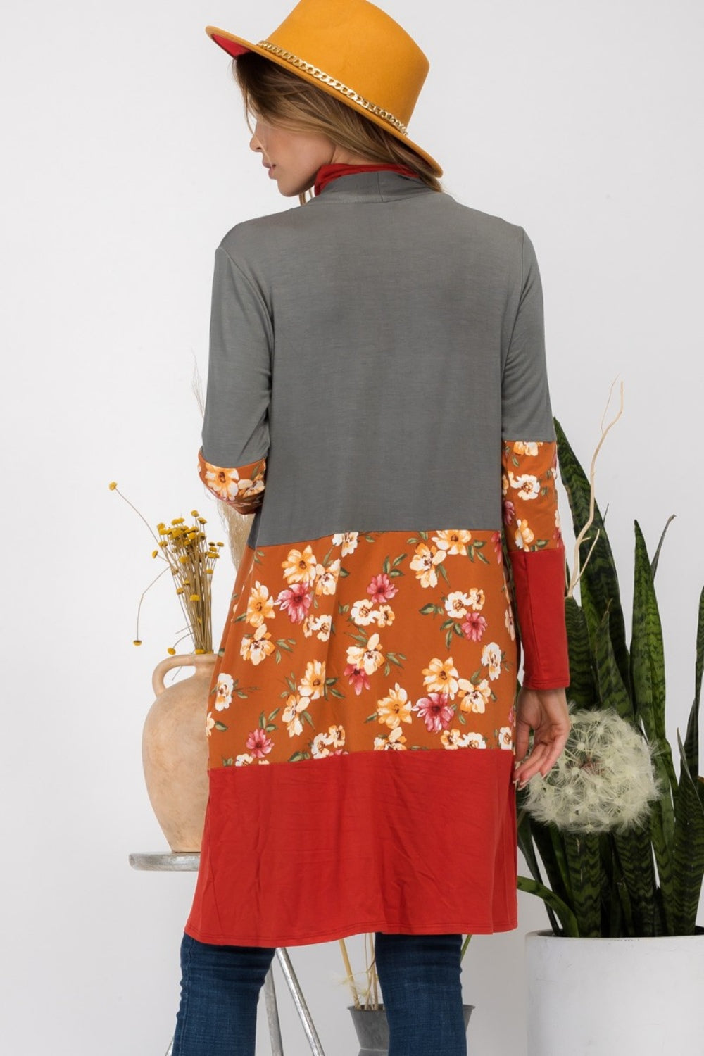 Floral Color Block Open Front Cardigan