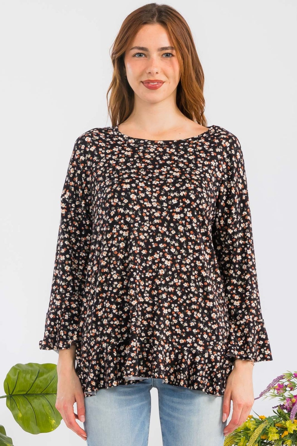 Floral Ruffle Detail Long Sleeve Top