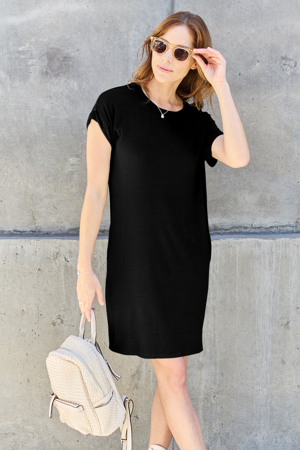 Round Neck Short Sleeve Dress with Pockets