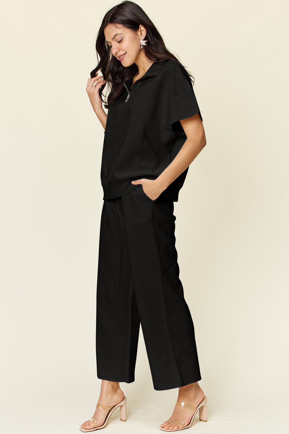 Half Zip Short Sleeve Top and Pants Set