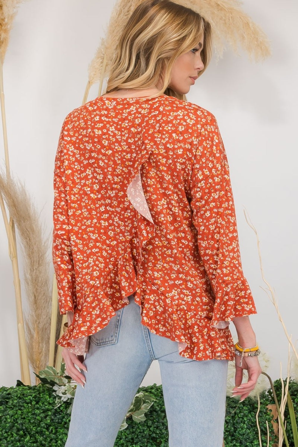 Floral Ruffle Detail Long Sleeve Top