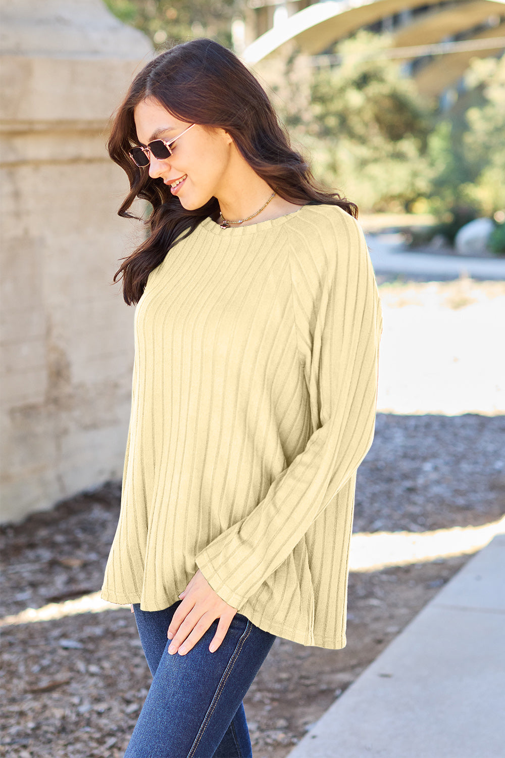 Ribbed Round Neck Long Sleeve Knit Top