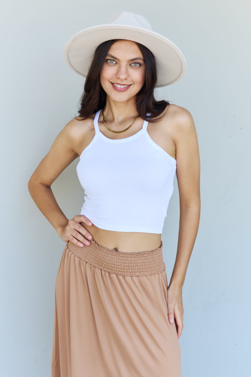 Comfort Princess High Waist Scoop Hem Maxi Skirt in Tan