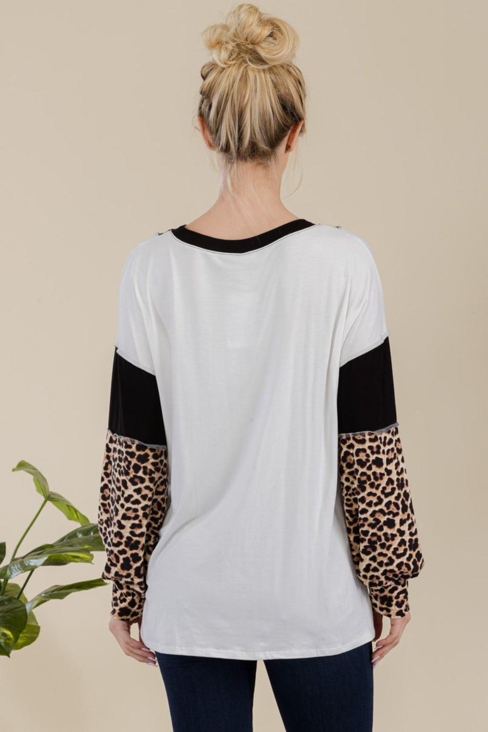 Leopard Color Block Exposed Seam Long Sleeve T-Shirt