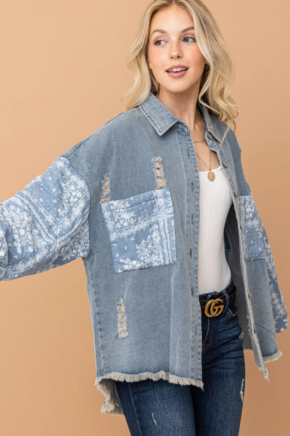 Paisley Print Quilted Sleeves Denim Jacket