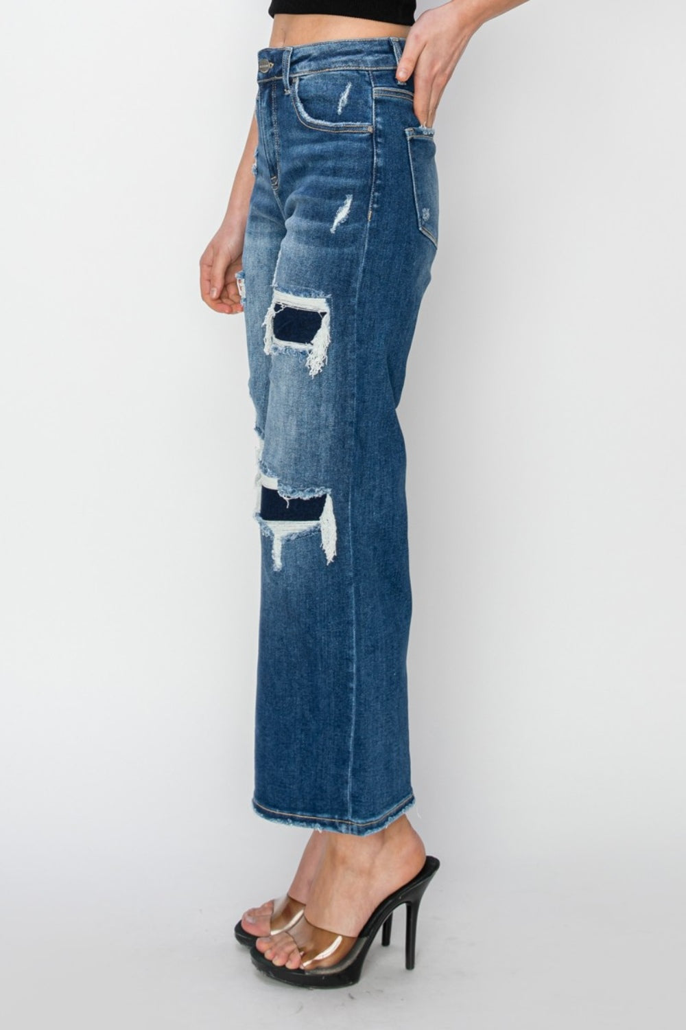 High Rise Patch Detailed Wide Leg Crop Jeans