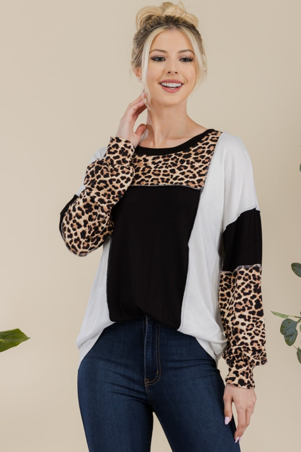 Leopard Color Block Exposed Seam Long Sleeve T-Shirt