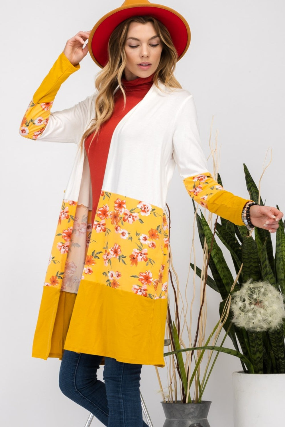 Floral Color Block Open Front Cardigan