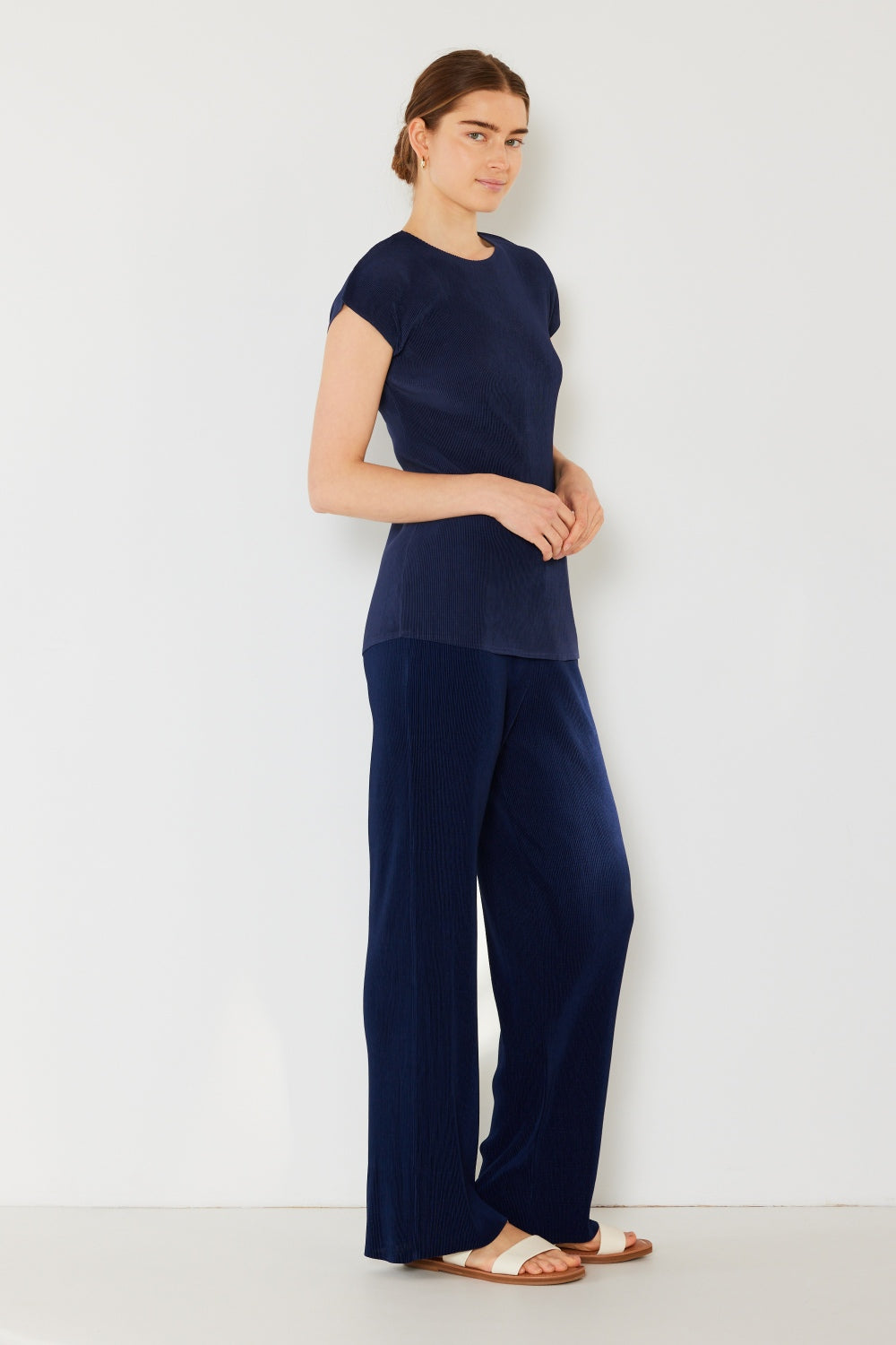 Rib Pleated Elastic-Waist Wide Leg Pants