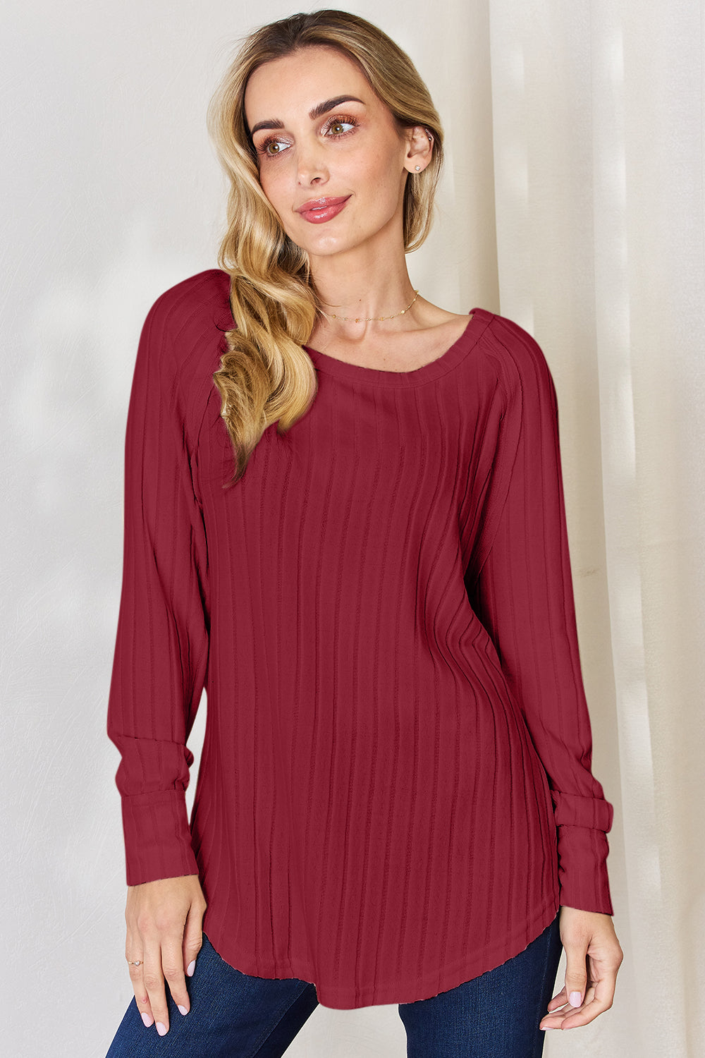 Ribbed Round Neck Slit T-Shirt