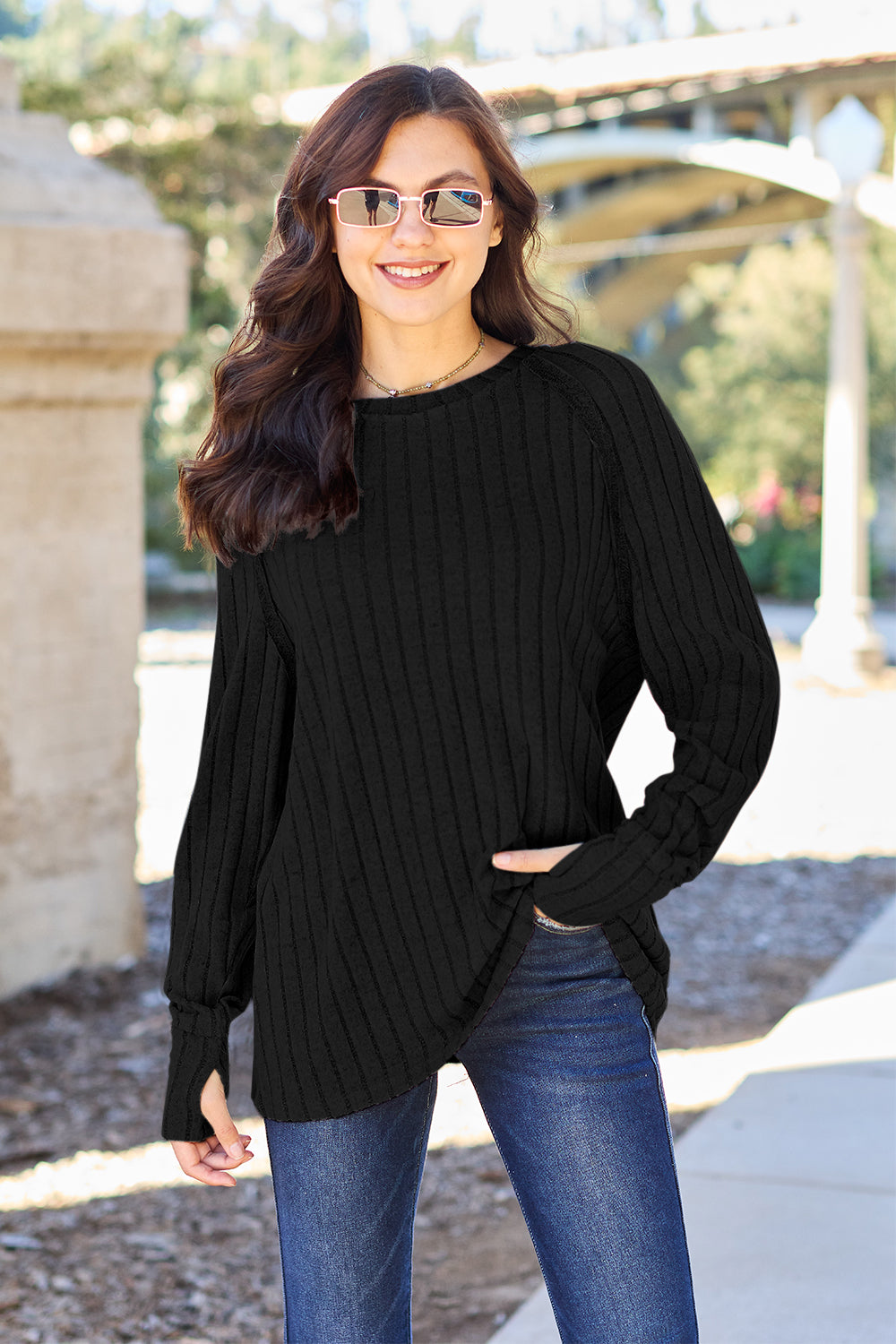 Ribbed Round Neck Long Sleeve Knit Top