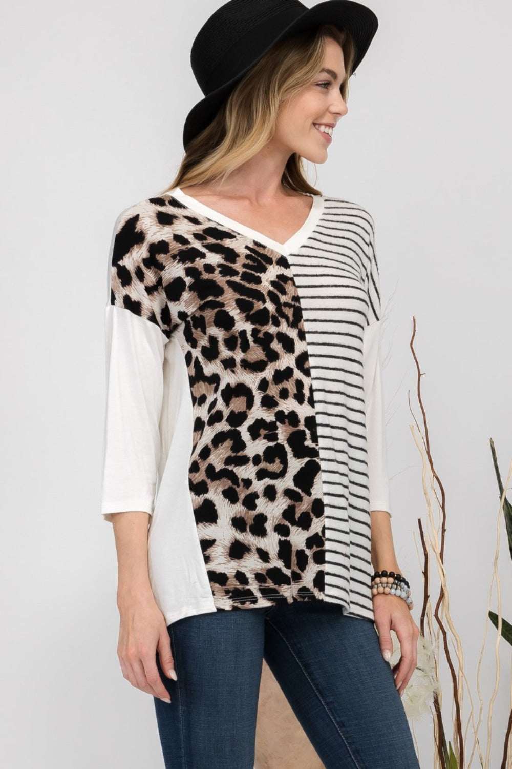 Front Leopard and Striped Print V-Neck Long Sleeve T-Shirt