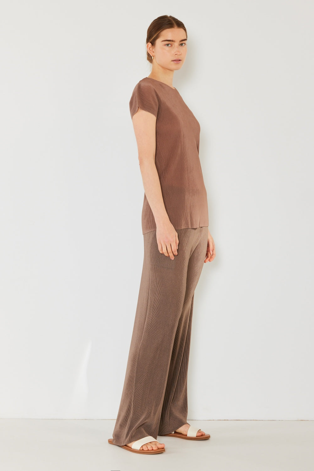 Rib Pleated Elastic-Waist Wide Leg Pants