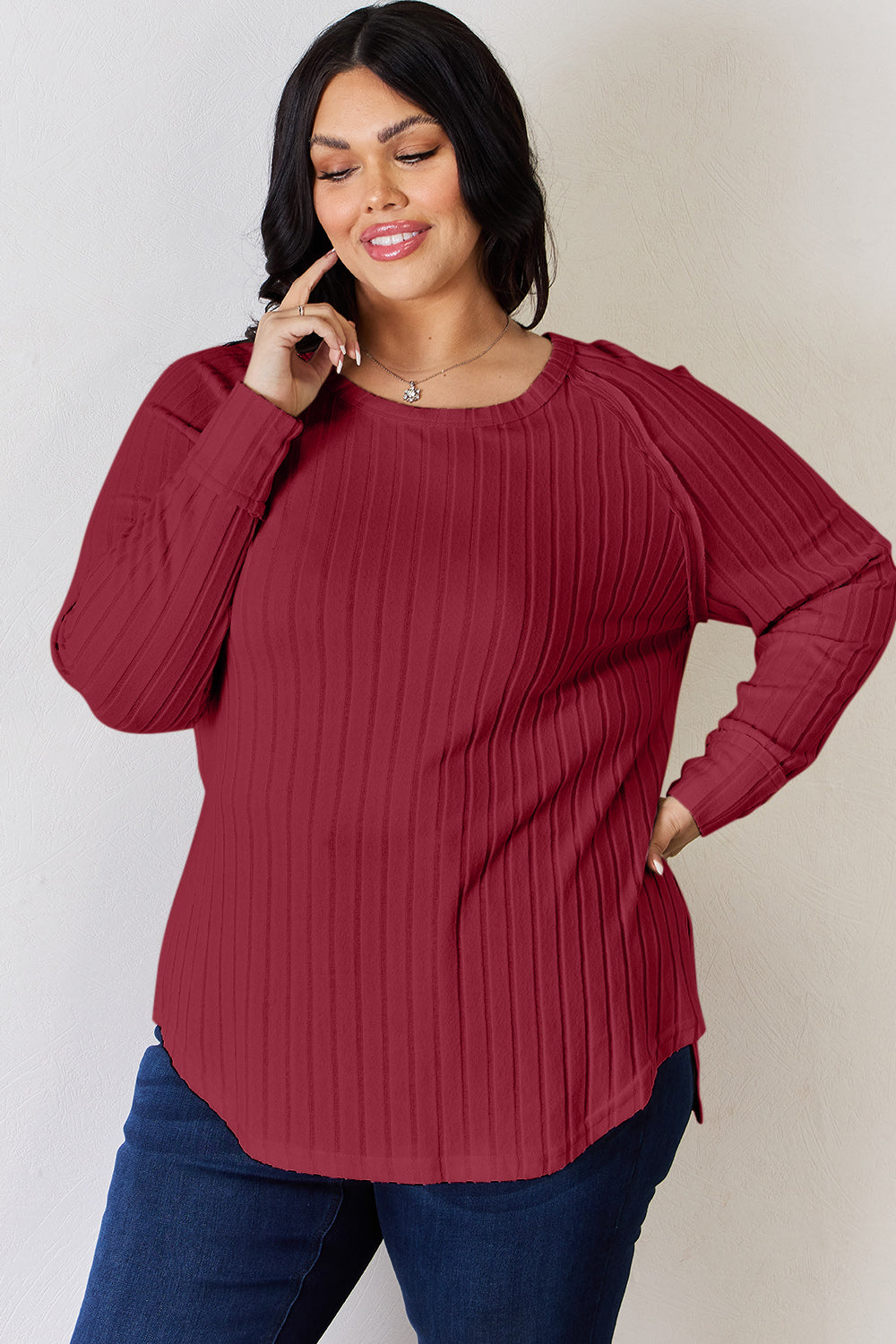 Ribbed Round Neck Slit T-Shirt