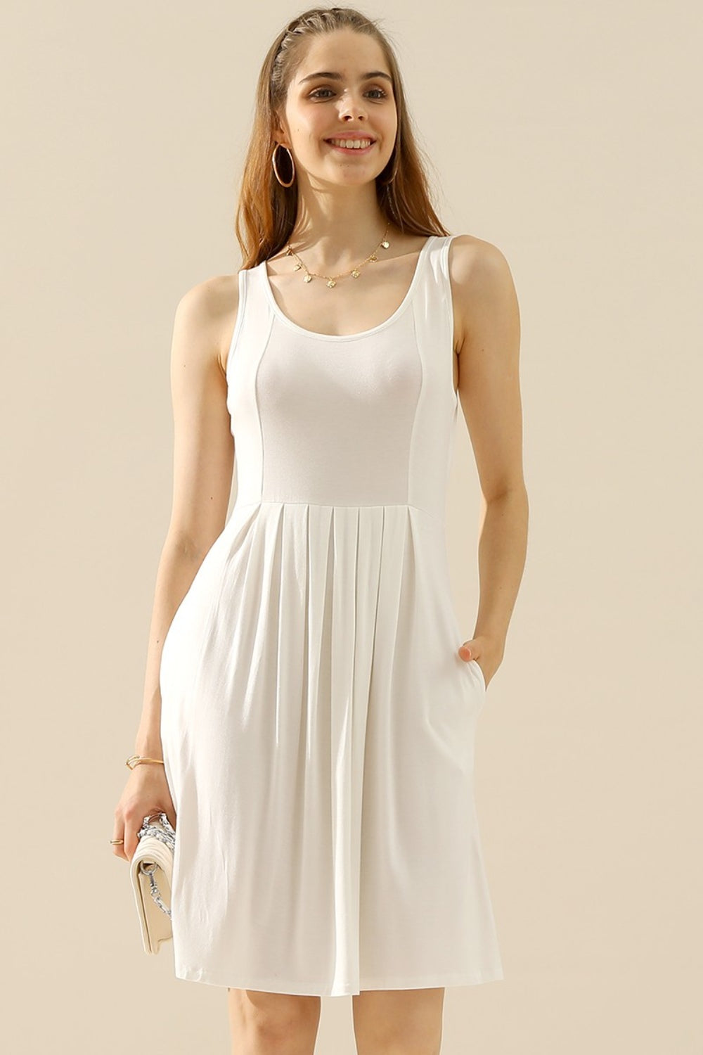 Round Neck Ruched Sleeveless Dress with Pockets