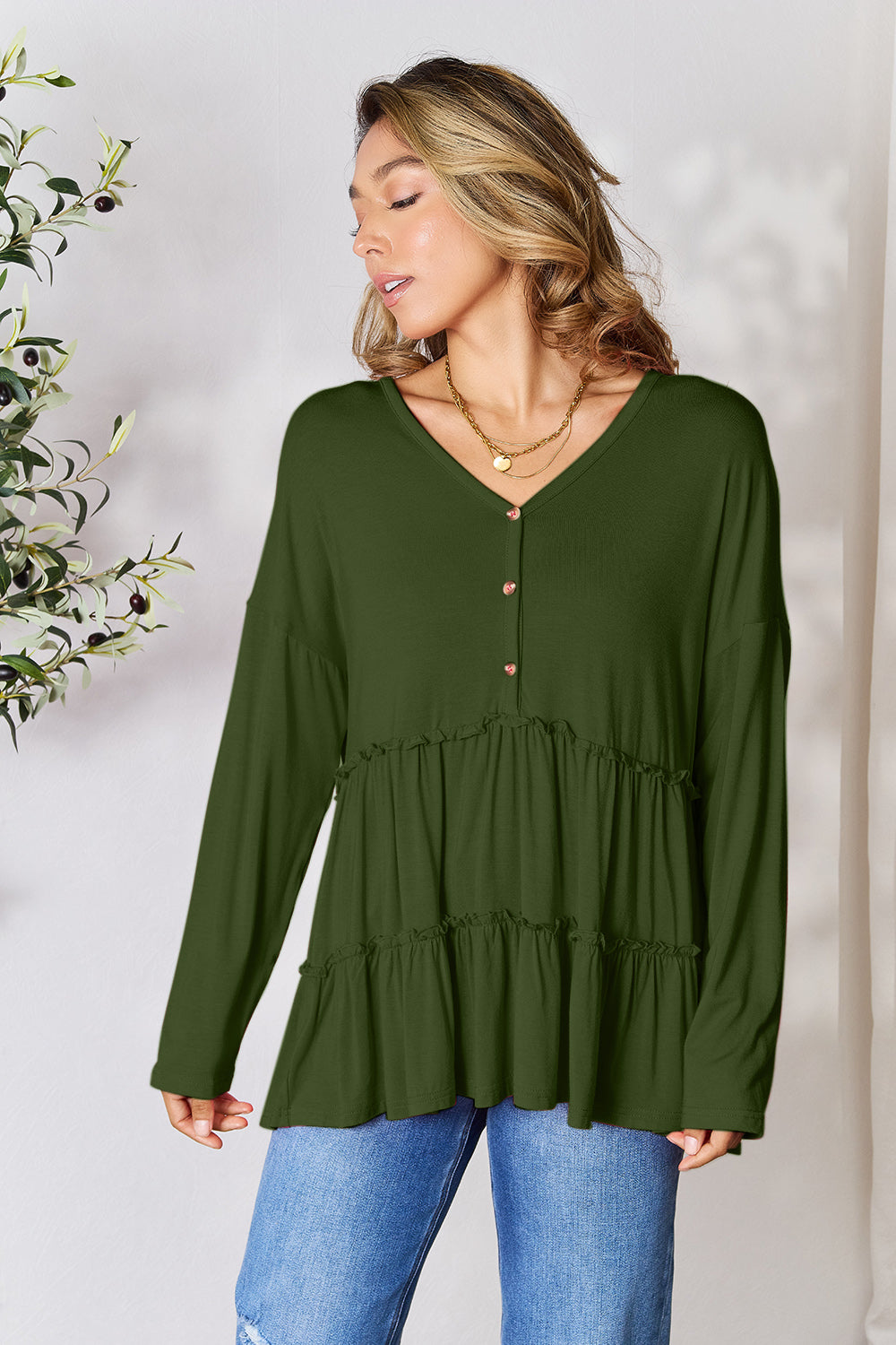 Half Button Long Sleeve Ruffle Hem Blouse