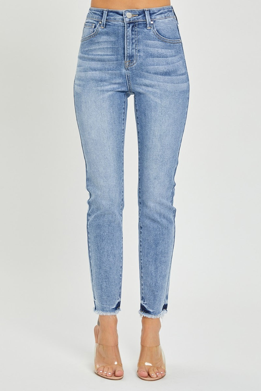 High Rise Frayed Hem Skinny Jeans