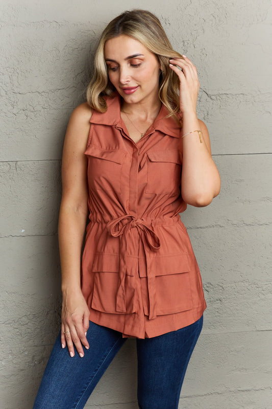 Follow The Light Sleeveless Collared Button Down Top