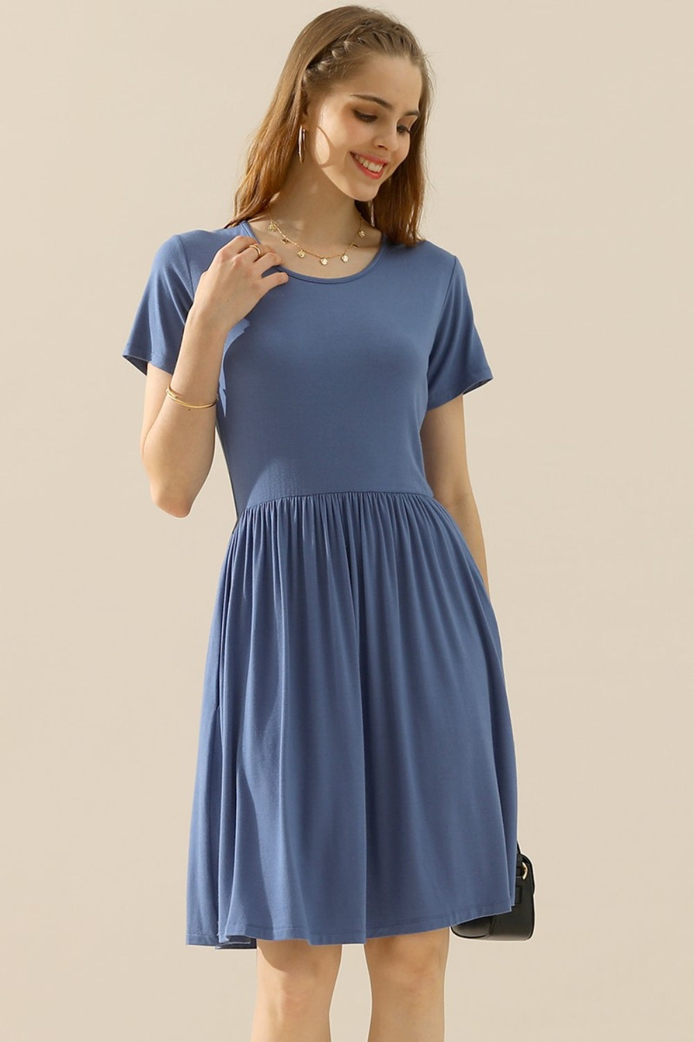 Round Neck Ruched Dress with Pockets