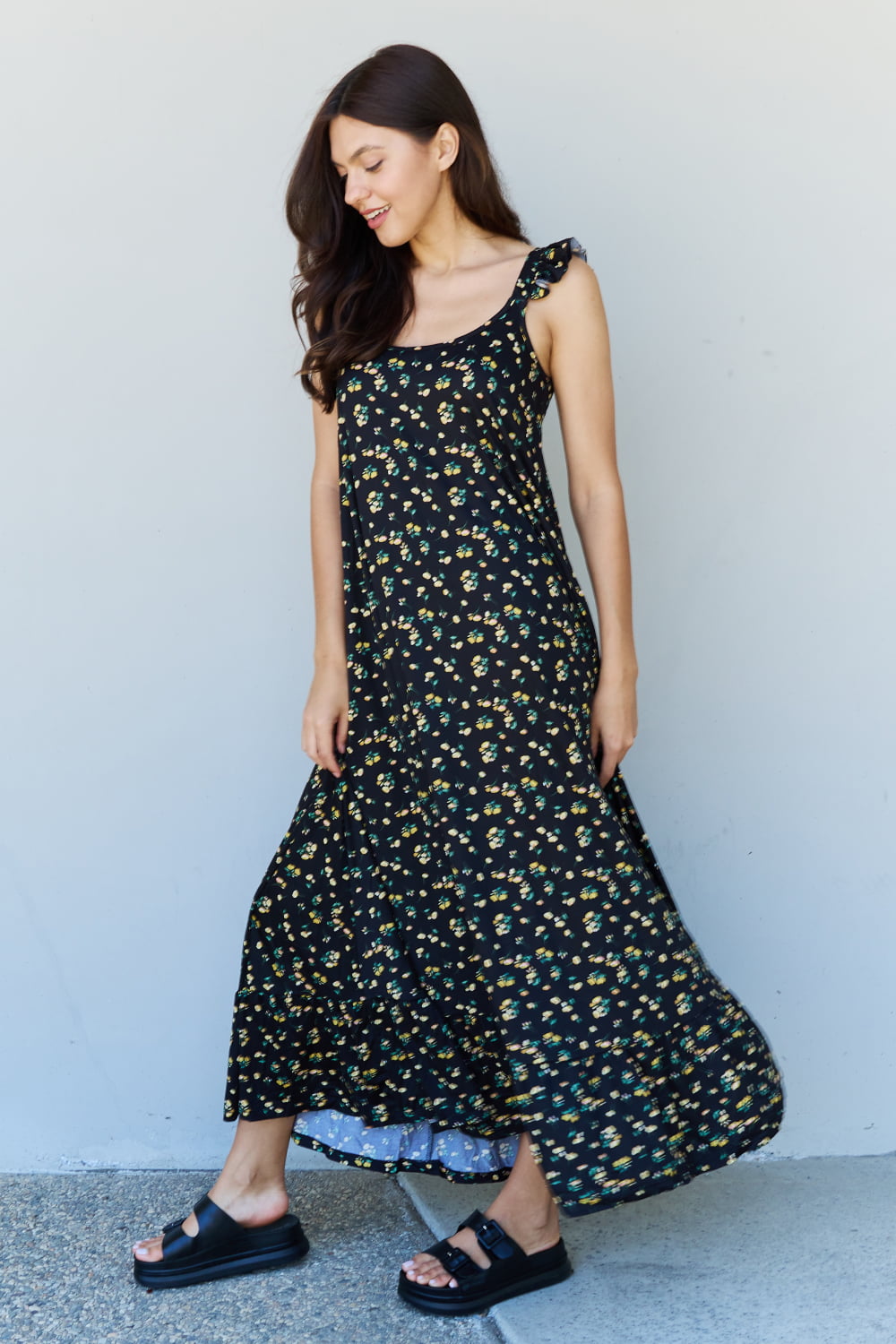 In The Garden Ruffle Floral Maxi Dress in  Black Yellow Floral