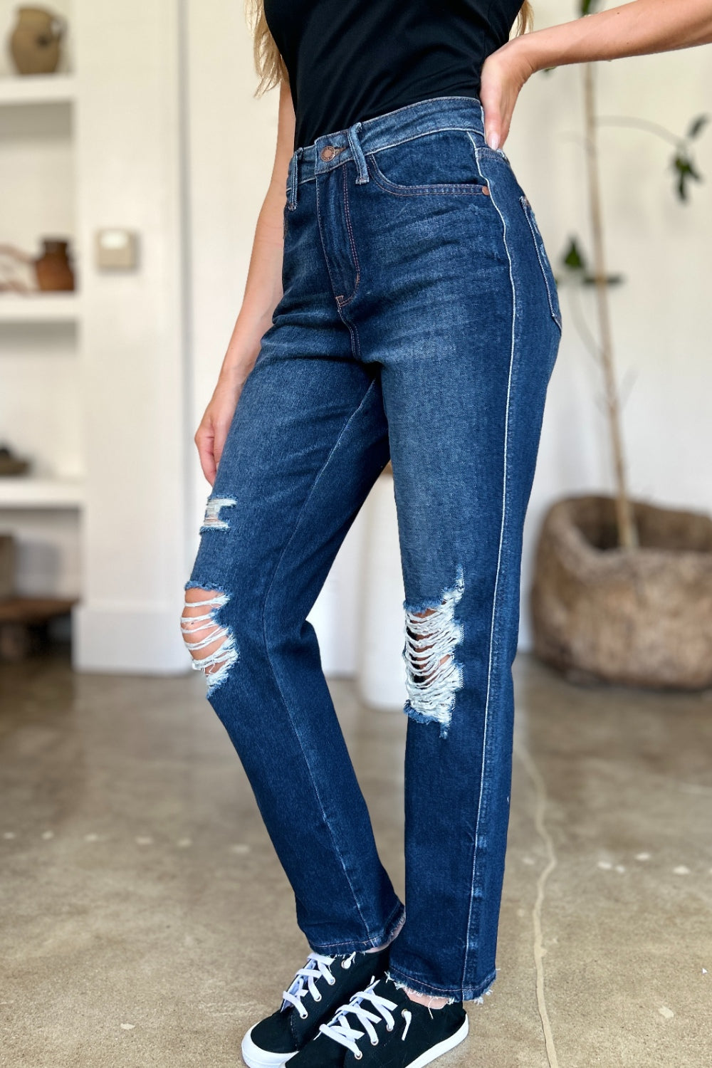 High Waist Rigid Magic Heavy Destroy Straight Jeans