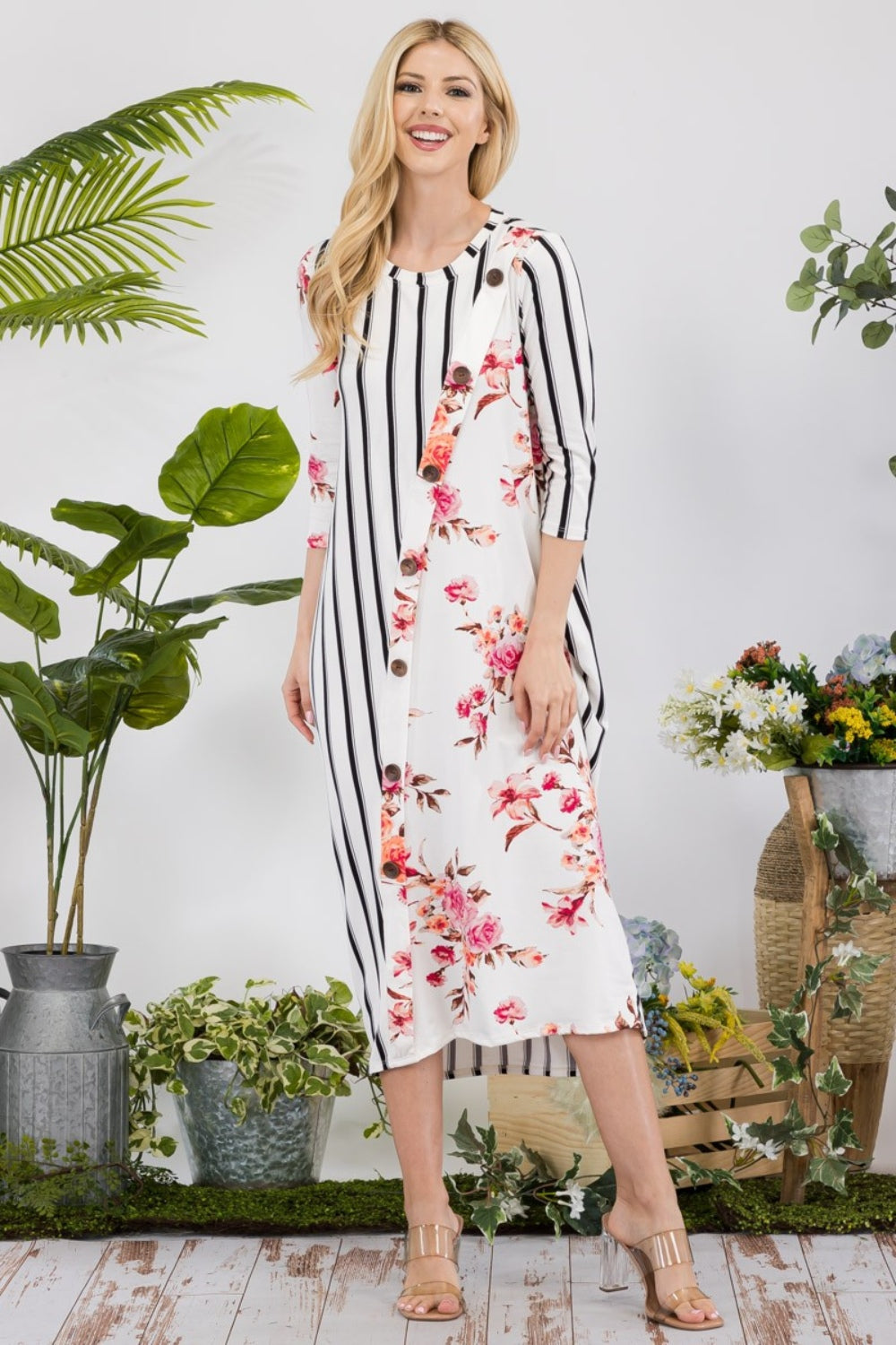 Floral Striped Contrast Midi Dress with Pockets