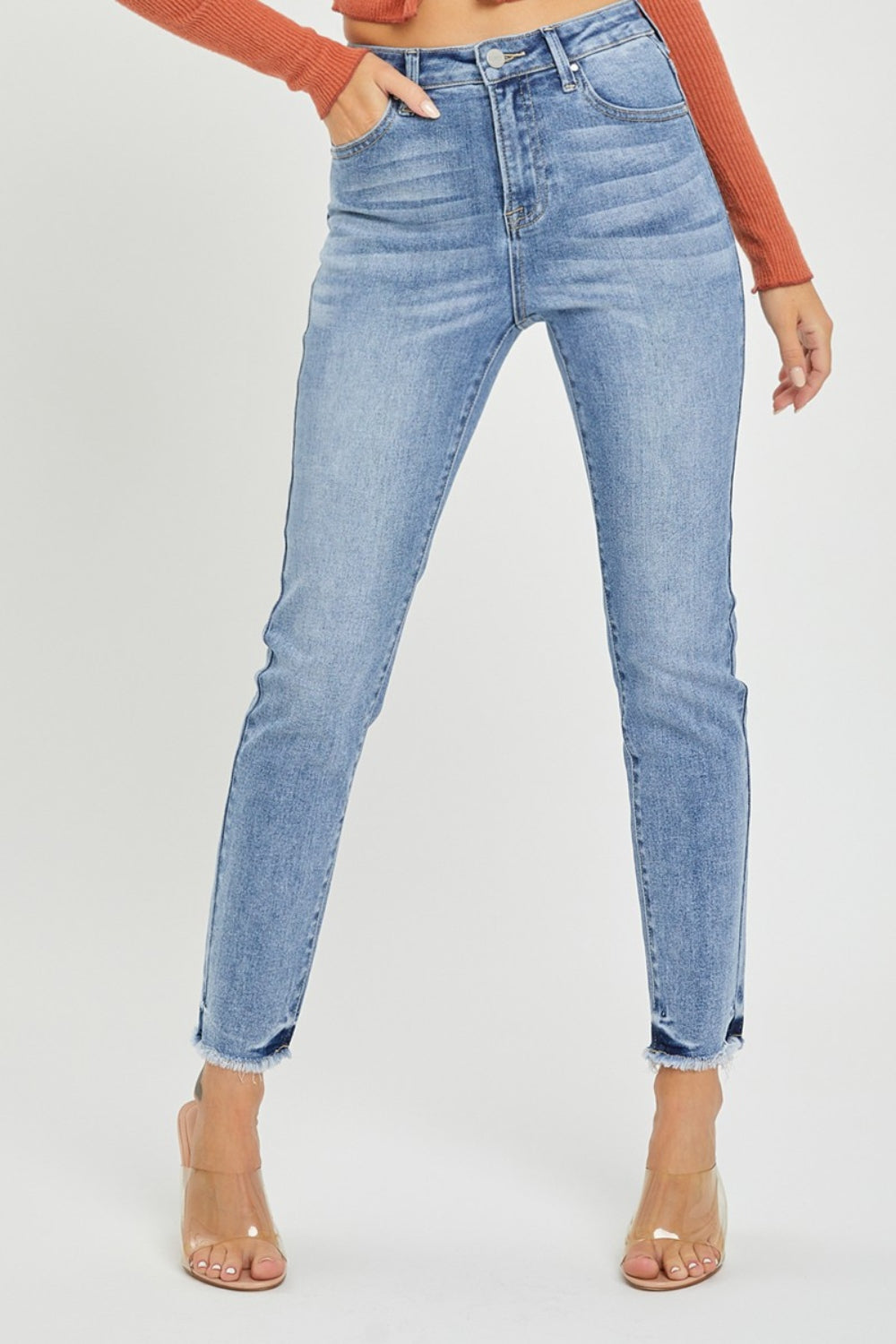 High Rise Frayed Hem Skinny Jeans