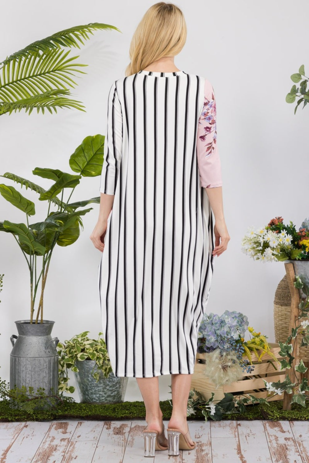 Floral Striped Contrast Midi Dress with Pockets