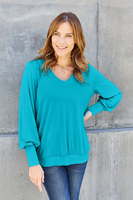 V-Neck Lantern Sleeve Blouse