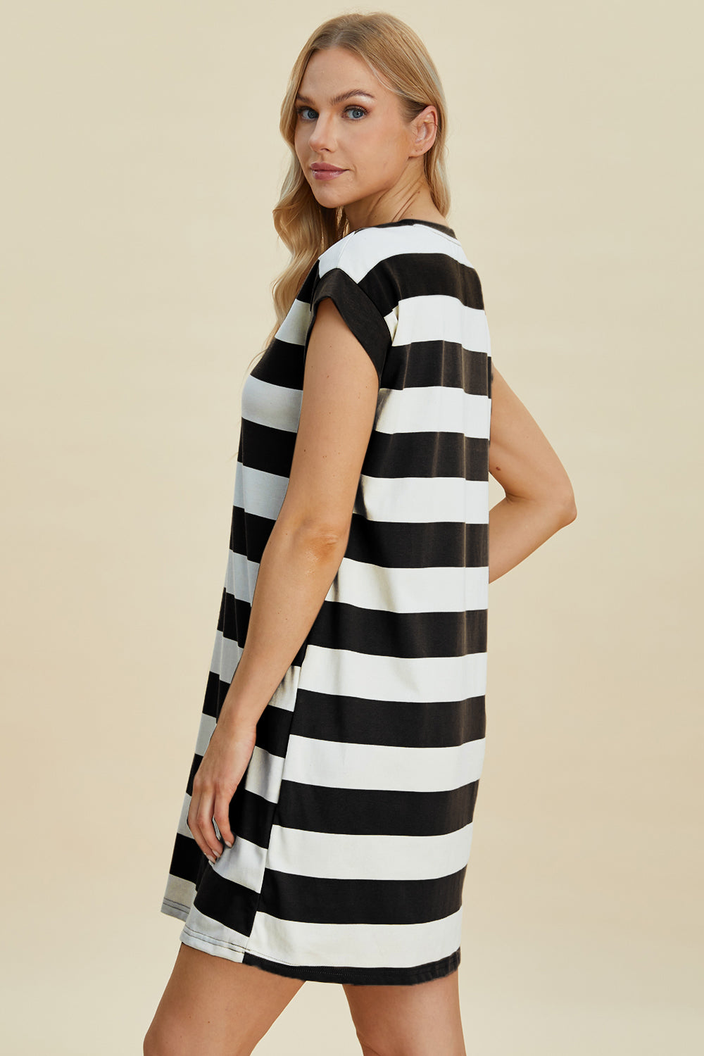 Striped Round Neck Cap Sleeve Mini Dress