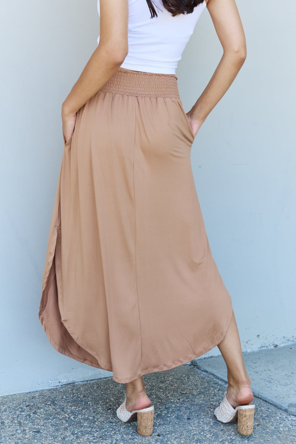 Comfort Princess High Waist Scoop Hem Maxi Skirt in Tan