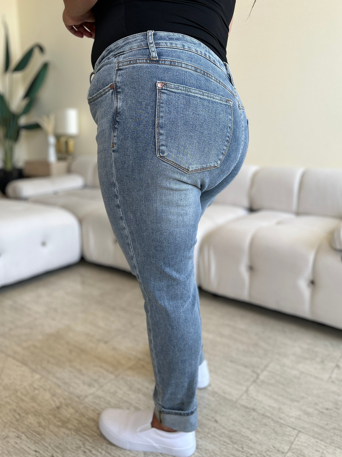 High Waist Cuff Hem Skinny Jeans