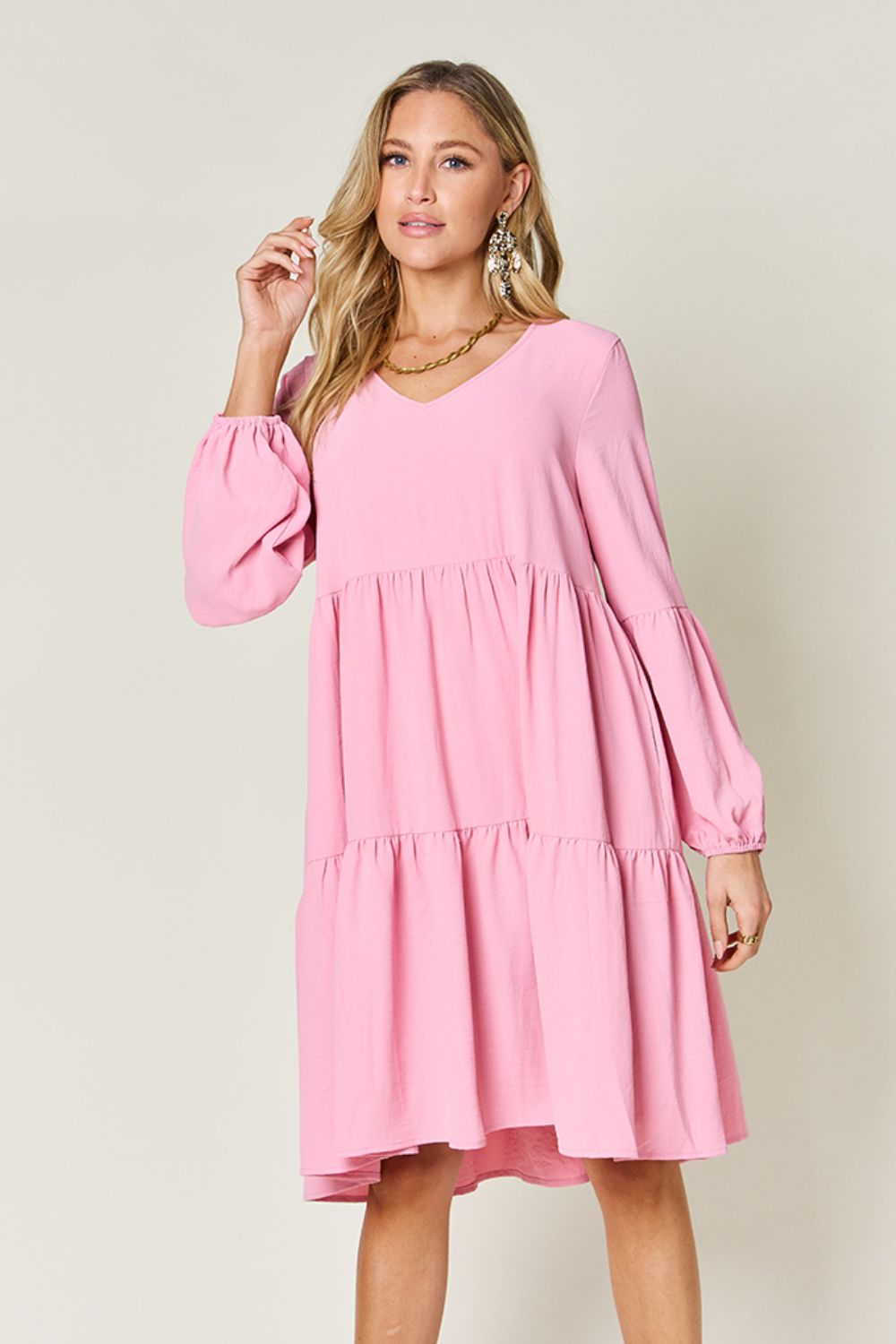 V-Neck Balloon Sleeve Tiered Mini Dress with Pockets