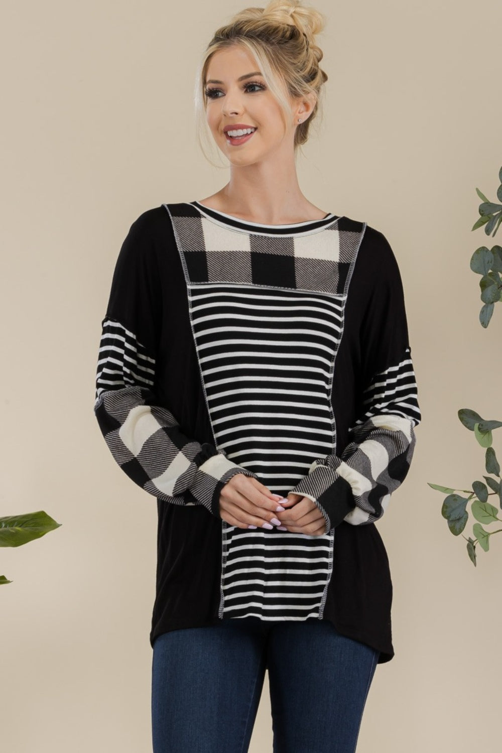 Color Block Exposed Seam Long Sleeve T-Shirt