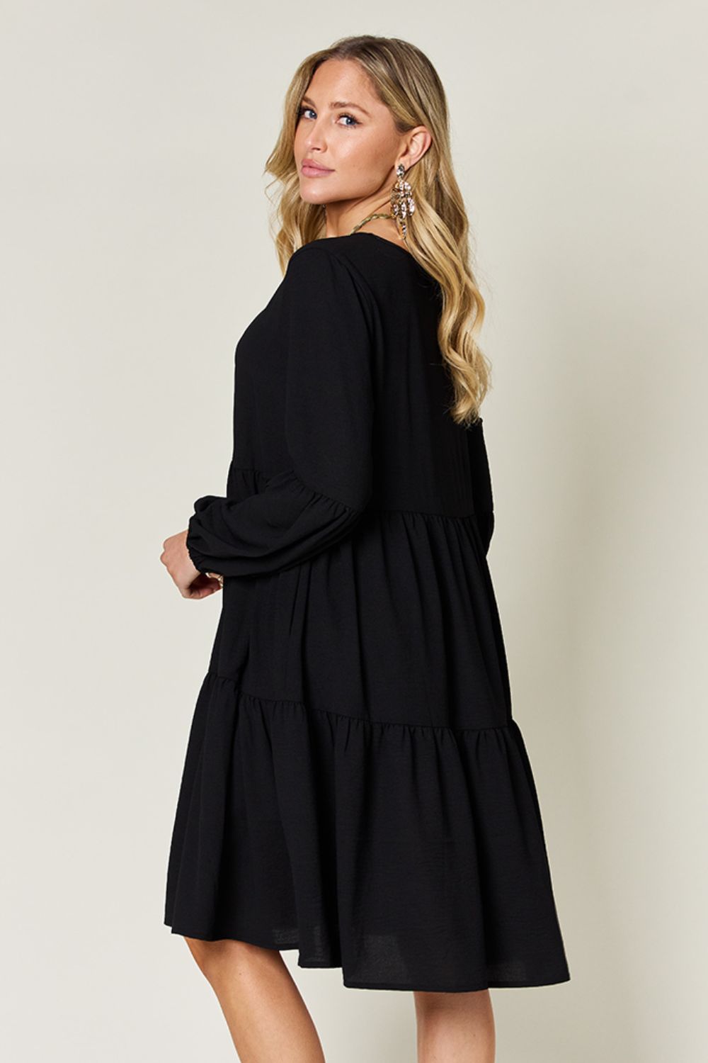 V-Neck Balloon Sleeve Tiered Mini Dress with Pockets