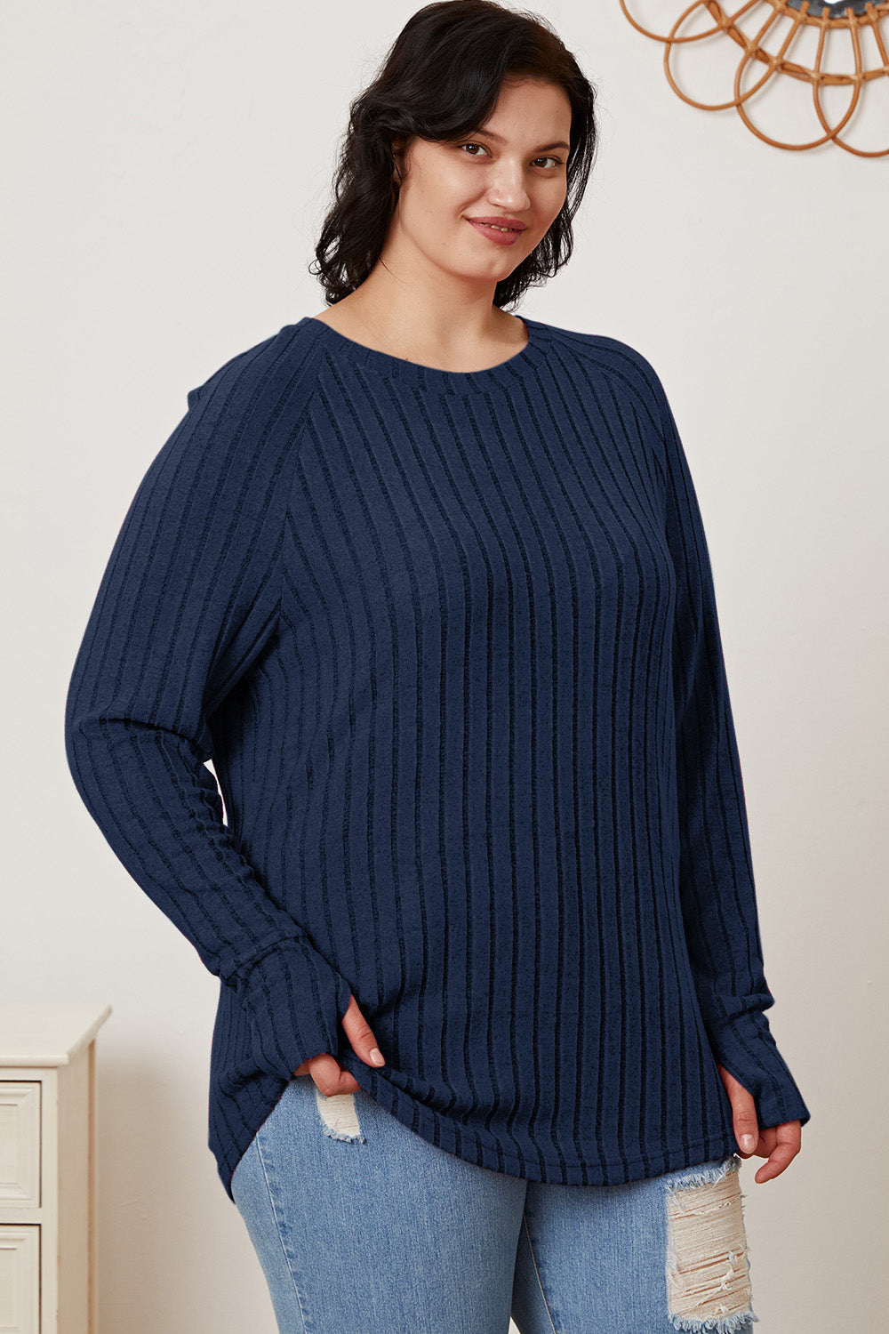 Ribbed Thumbhole Sleeve T-Shirt