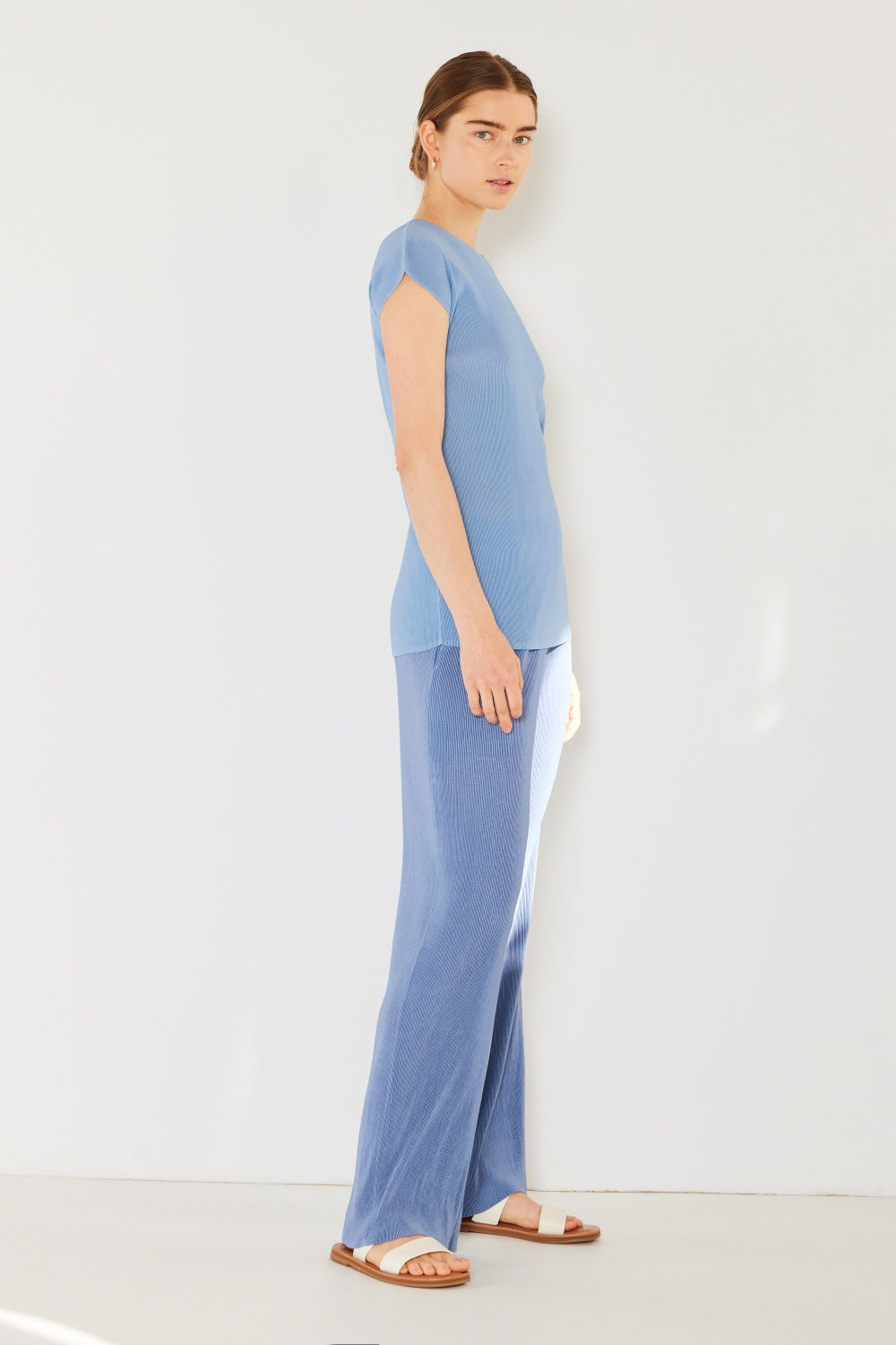 Rib Pleated Elastic-Waist Wide Leg Pants