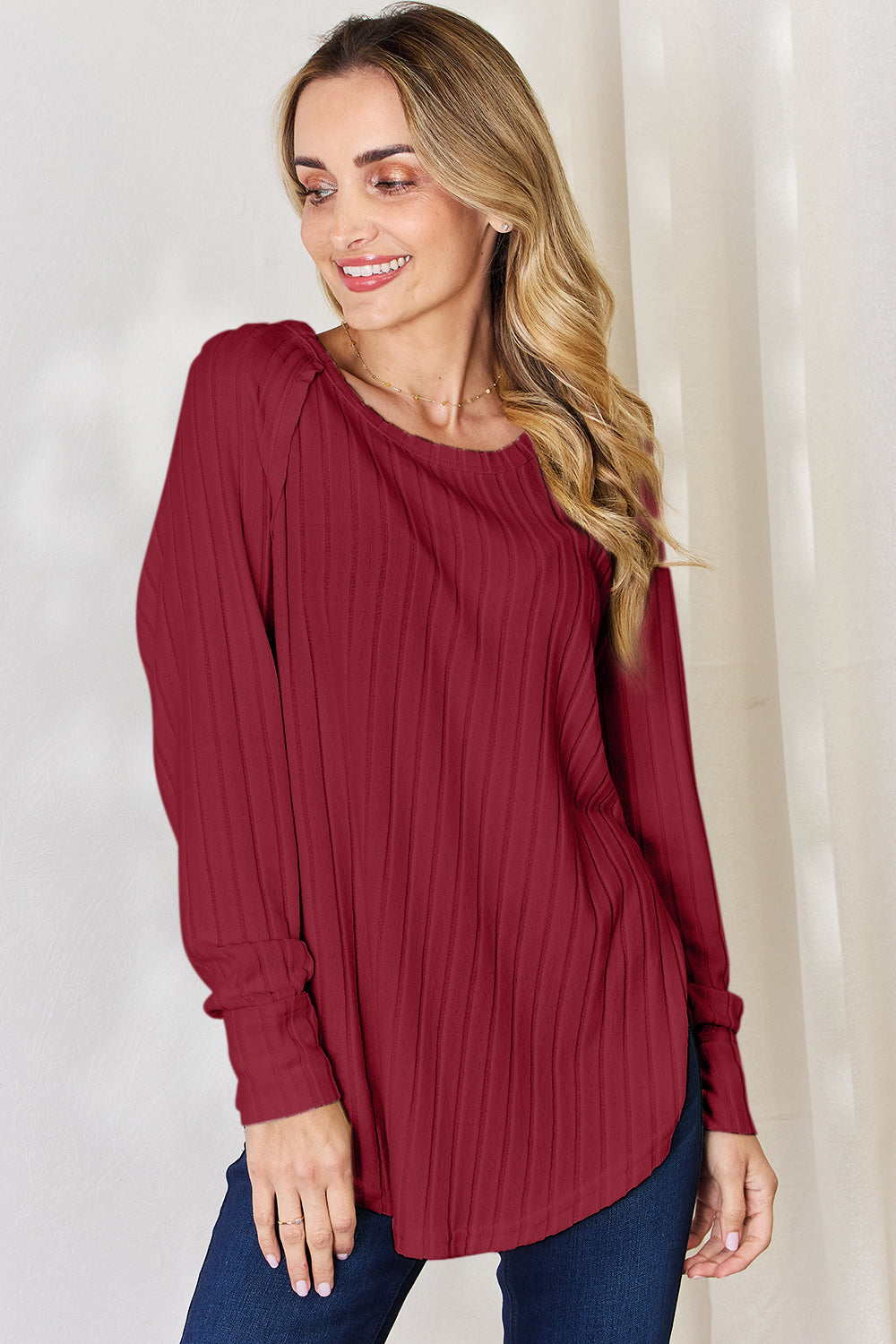 Ribbed Round Neck Slit T-Shirt