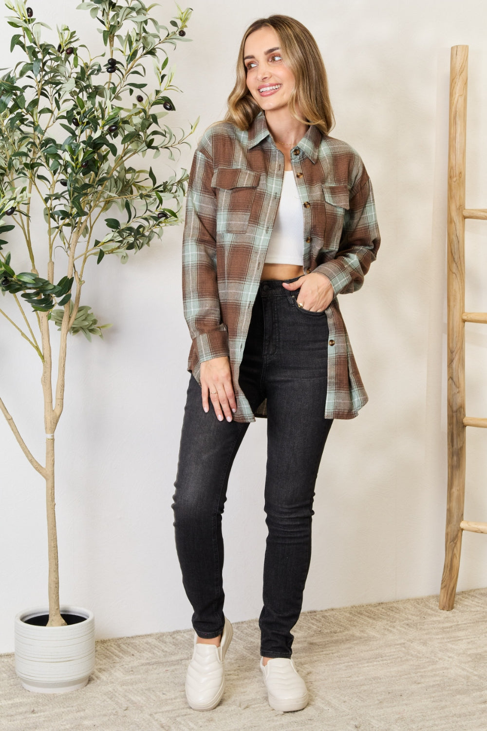 Plaid Dropped Shoulder Long Sleeve Shirt