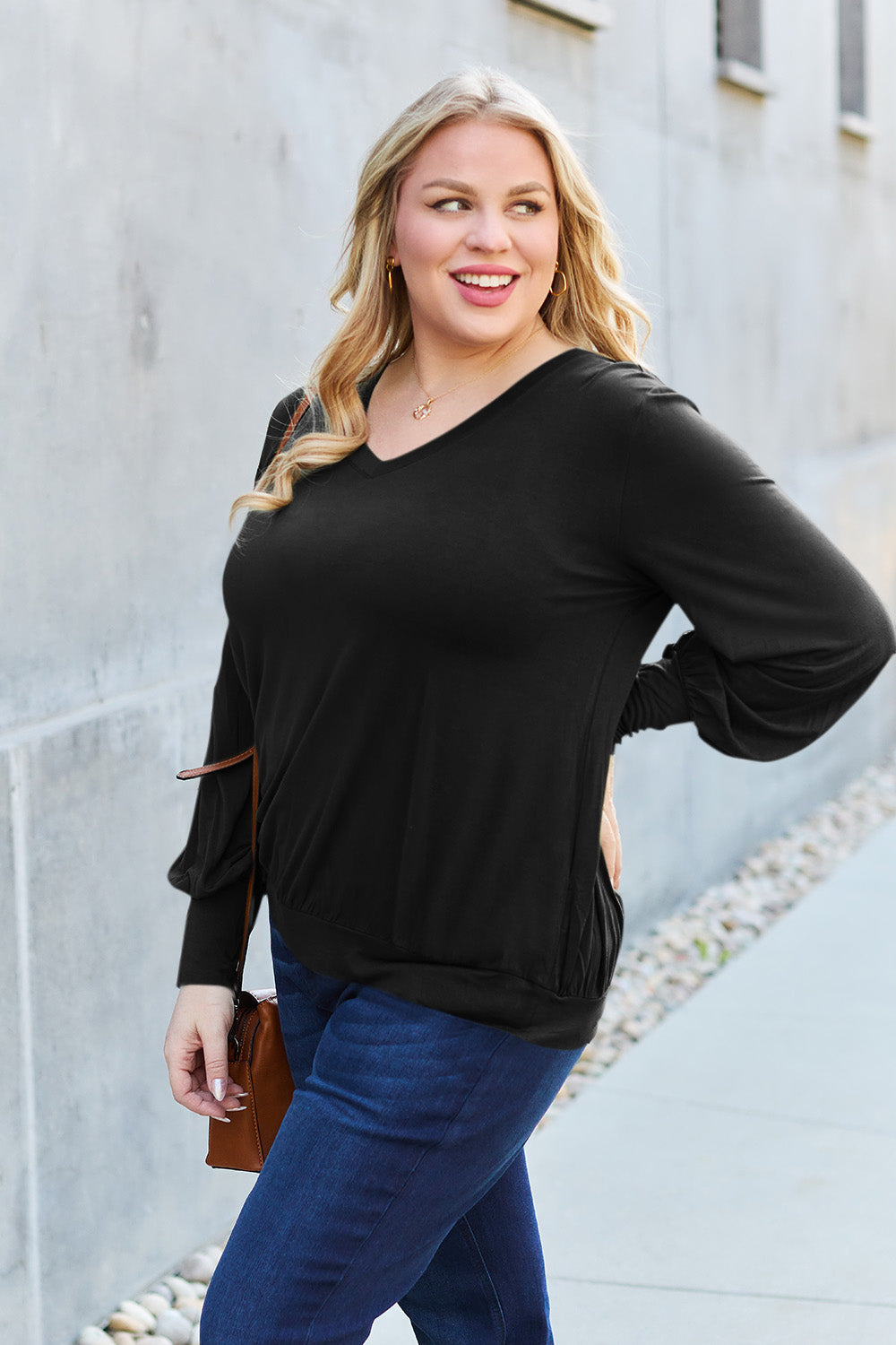 V-Neck Lantern Sleeve Blouse