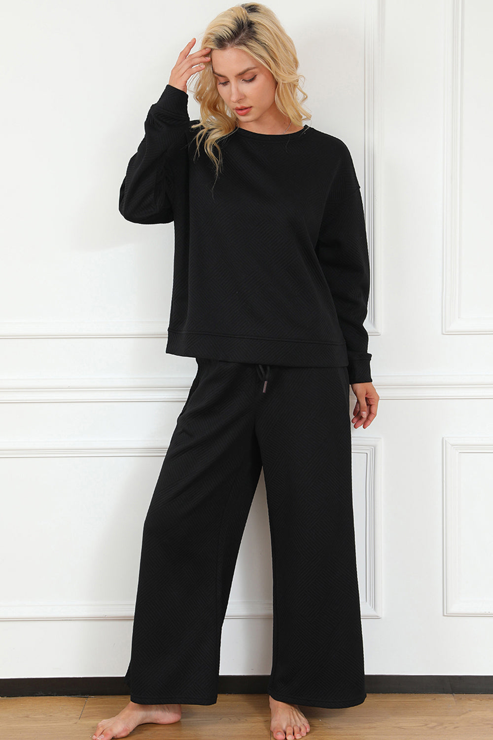 Textured Long Sleeve Top and Drawstring Pants Set