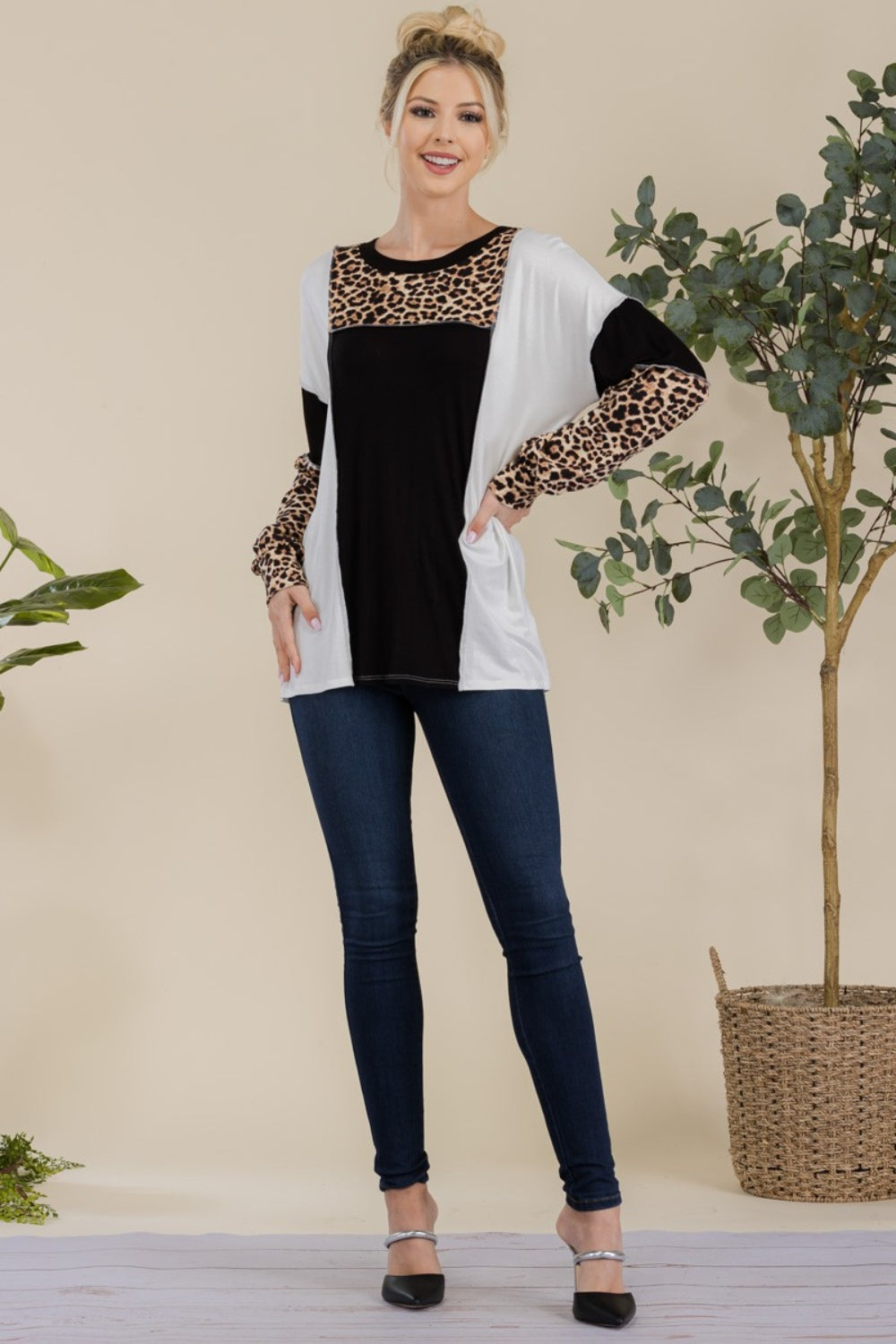 Leopard Color Block Exposed Seam Long Sleeve T-Shirt