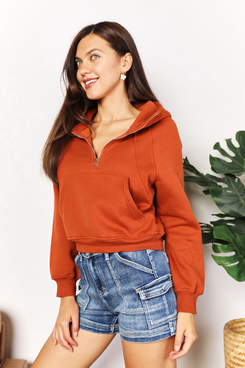 Half-Zip Long Sleeve Cropped Hoodie