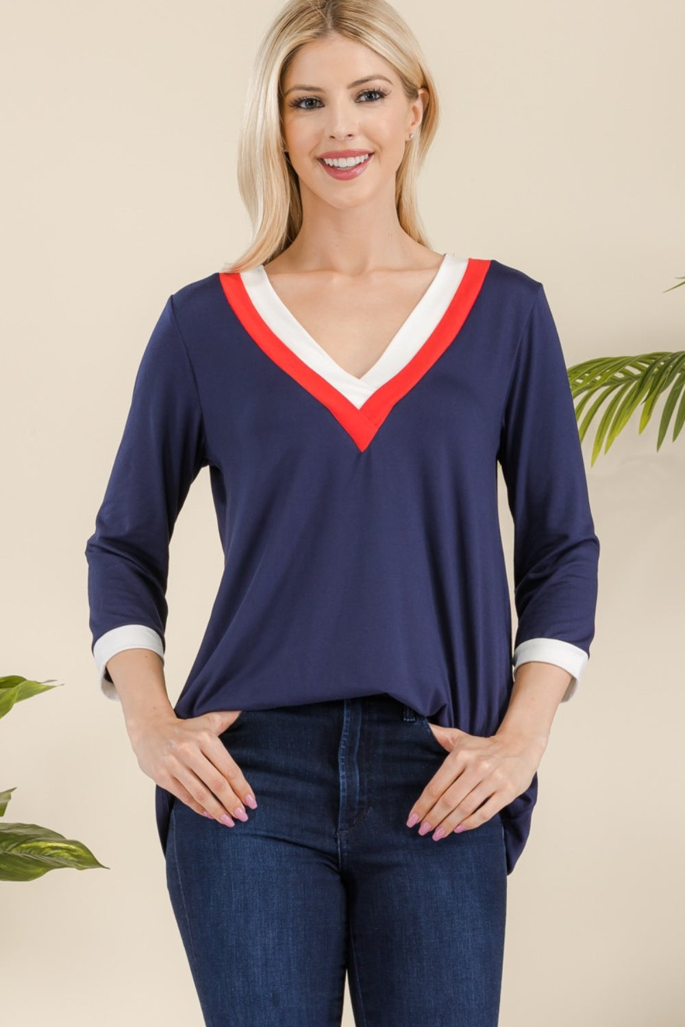 Celeste Full Size V-Neck Contrast Long Sleeve T-Shirt