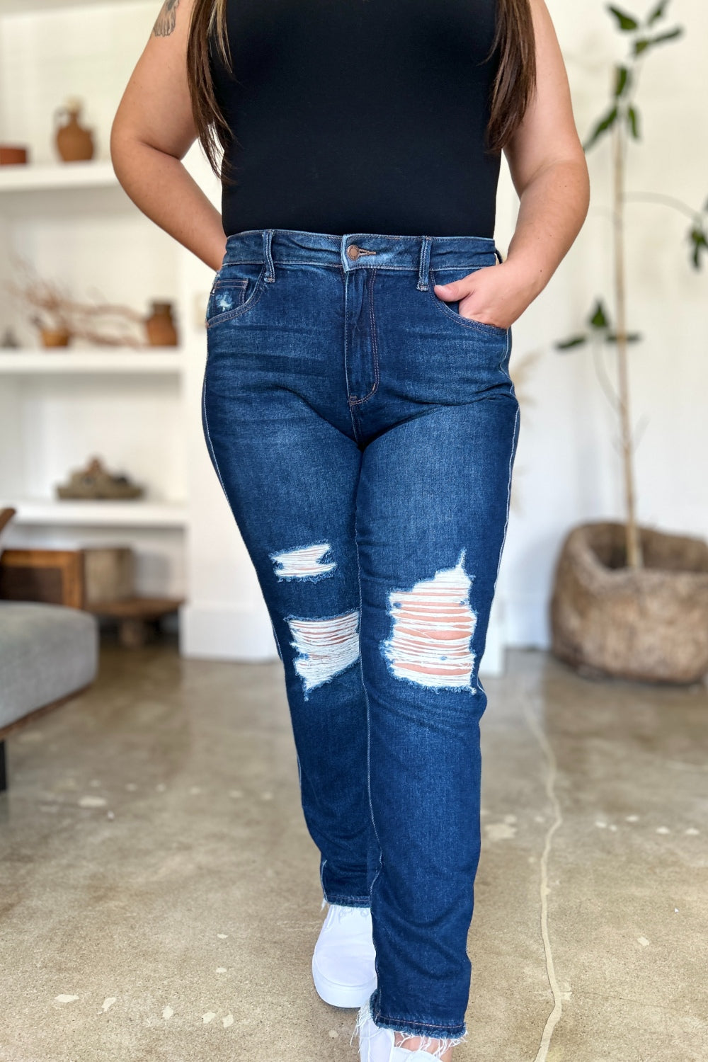 High Waist Rigid Magic Heavy Destroy Straight Jeans